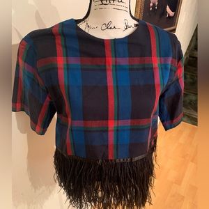 Endless Rose size M cotton/poplin plaid top with feathery fringe
